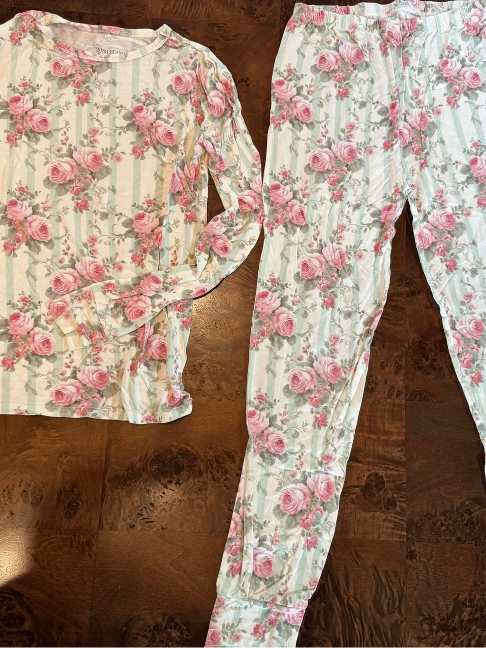 Posh Peanut Pink Rose & Mint Stripe Long-Sleeve Pajama Set